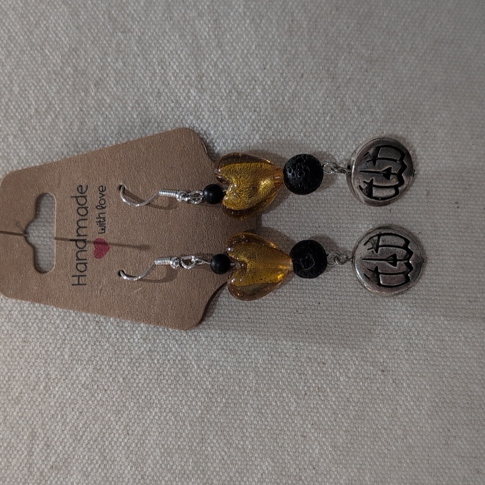 Handmade Obsidian Glass & Lava Stone Drop Jack-o'-lantern Halloween Earrings